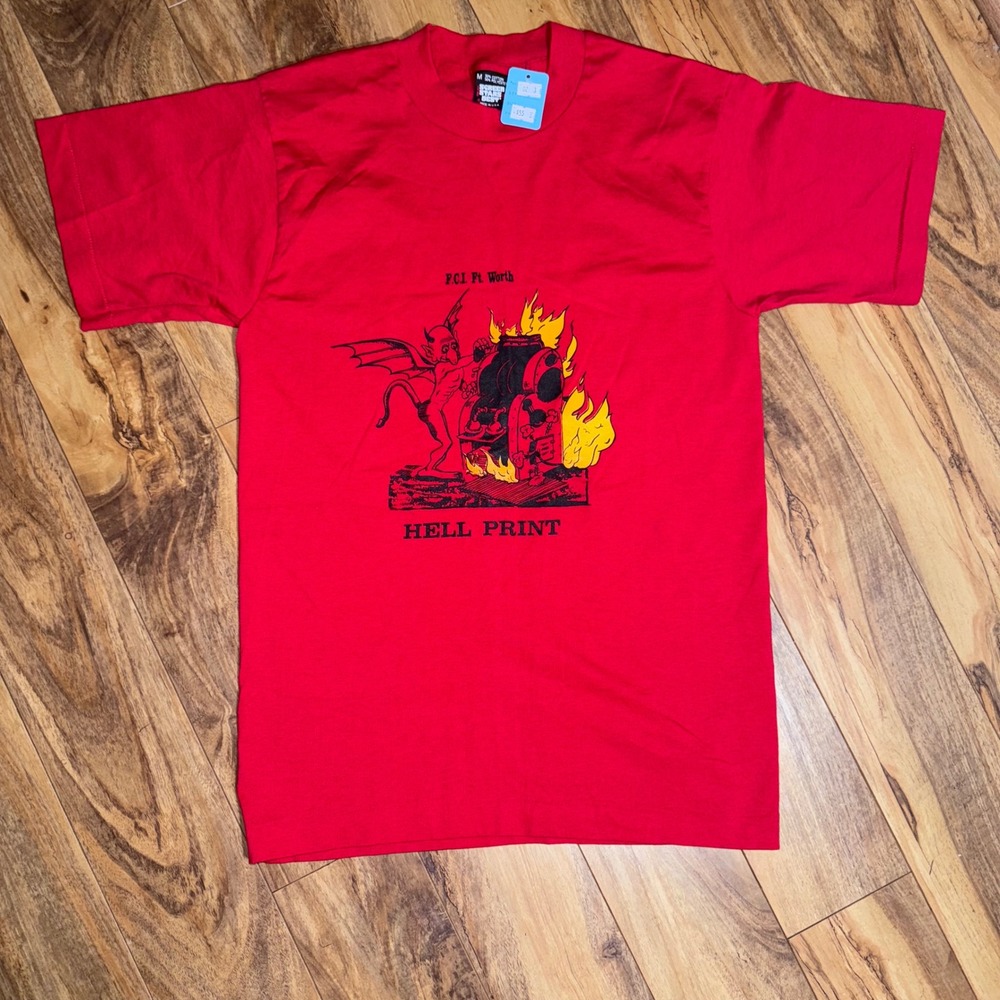 Vintage Screen Stars Best Hell Print FCI Ft Worth Red Graphic T-Shirt Mens M